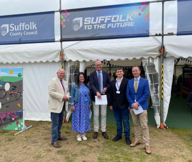 Picture of Councillor Matthew Hicks, Councillor Richard Rout, Councillor Andrew Reid, Councillor Beccy Hopfensperger and Councillor Nathan Wilson at the Suffolk Show.